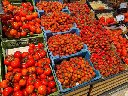 Fruit rack in a supermarket. Tomatoes in various varieties. diversity. Stuttgart,