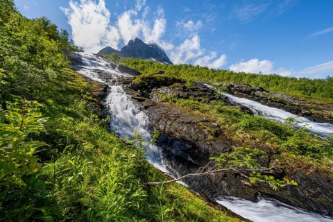 Waterfall on the river Flou between Birkenwald, Innerdalen, Hochtal, Sunndal, Møre og Romsdal,