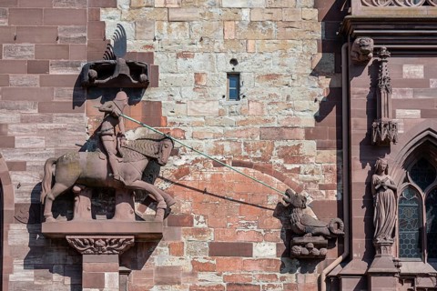 Statue of Saint George as a dragon slayer on the façade of Basel Cathedral, Altstadt, Basel, Canton