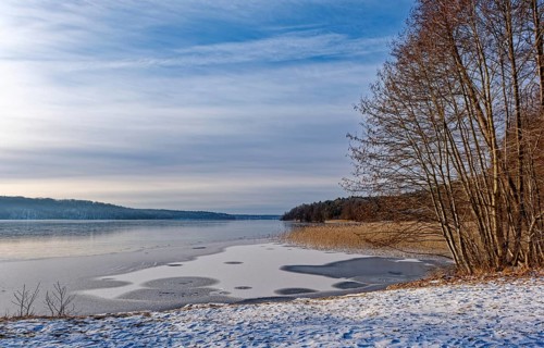 Snow on the shore and ice fields on Lake Werbellin in the UNESCO Schorfheide-Chorin Biosphere