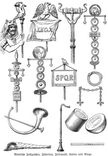 Roman signa or field insignia, military insignia of a war party, flag, musical instrument, horn,