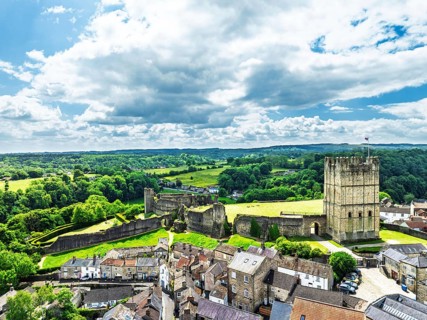Richmond Castle from a drone, Richmond, Yorkshire Dales, North Yorkshire, England, United Kingdom
