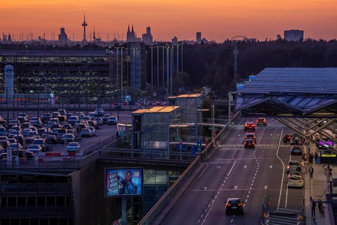 Cologne-Bonn Airport car parks, Cologne city center skyline, Cathedral, North Rhine-Westphalia,