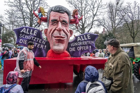 Rose Monday procession in Düsseldorf, theme car by wagon manufacturer Jacques Tilly, Epstein files