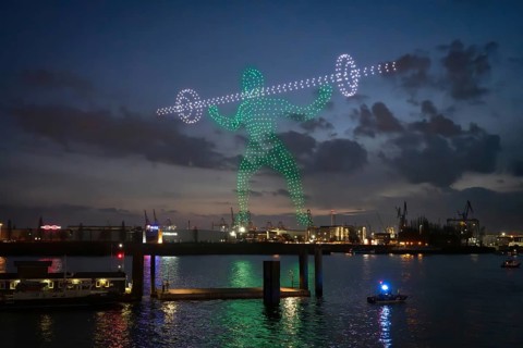 Drone light show over the Elbe as part of the Hamburg Olympic bid on 26.02.2026, Landungsbrücken,