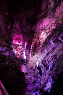 The Tamina Gorge and the Tamina River illuminated in colour at night, Altes Bad Pfäfers, St.