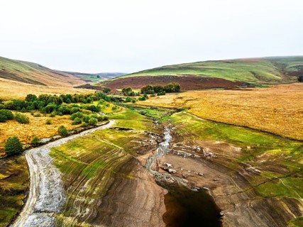 Autumn over Craig Goch Dam from a drone, Elan Valley Reservoirs, Elan Valley, Rhayader, Powys,