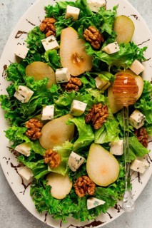 Keto Salad, pear with blue cheese and walnut, selective focus, no people, close-up