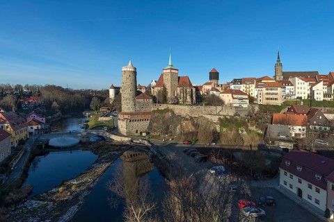 View of the historic city wall with towers of the old town, below the Spree, Bautzen, Upper