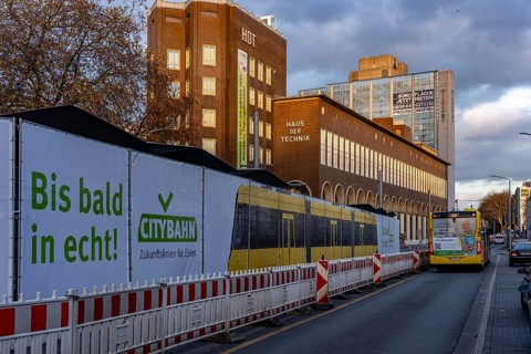 Construction site of the stop at the main train station, for the new city railway, visualization of