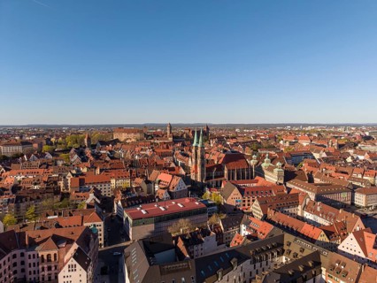 Aerial view of Nuremberg's old town with the spires of St. Sebaldus Church, Kaiserburg Castle on