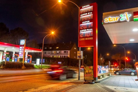Gas station, high fuel prices due to the war in the Middle East, display board, Esso and Star gas