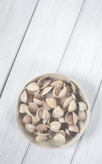 Freshly frozen vongole clams, on a light plate, top view, no people