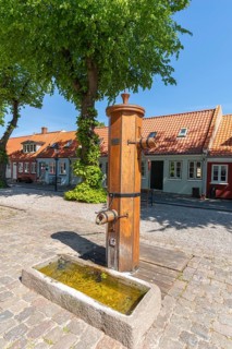 Bogense on the Kattegat, old town with colourful eaves houses, Marktpkatz, historical historic