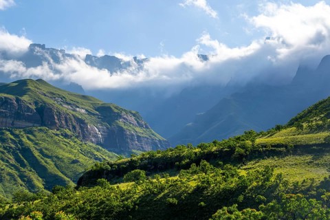 Drakensberg Mountains and Cliffs with Fog, Amphitheatre, Drakensberg National Park, KwaZulu Natal,