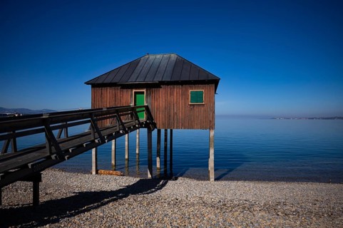 Public bathing establishment, seaside resort, outdoor pool, stilt house, Bregenz, Vorarlberg, Lake
