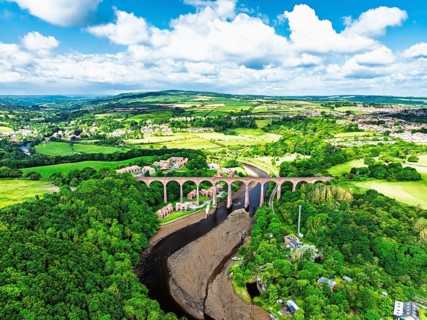Larpool Viaduct over River Esk and Esk Valley Viaduct from a drone, Whitby, North Yorkshire,