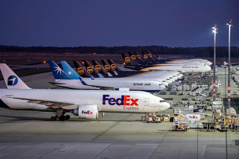 Cologne-Bonn airport, CGN, air freight center, UPS Logisic Hub, UPS cargo aircraft on the apron,