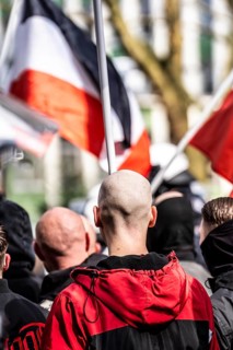 The neo-Nazi group Jung und Stark, JS, demonstrates in the city centre of Essen, demanding the