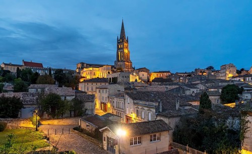 View of old town of Saint-Emilion by night, France