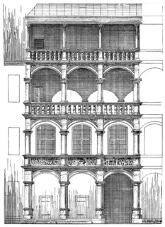 Historical architectural illustration from the 19th Century, 1875, facade in the Renaissance style,