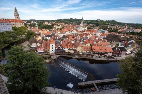 Aerial view at river and Old Town from the castle in CESKY KRUMLOV, CZECHIA