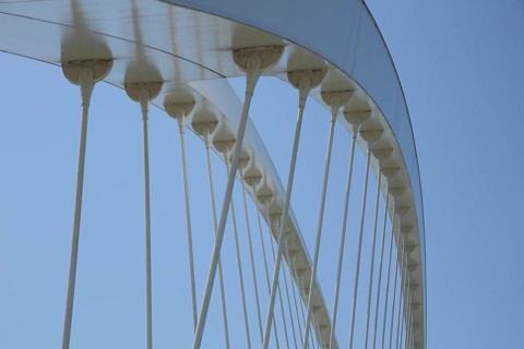 Arch of the modern tram bridge Pont Beatus-Rhenanus, arched steel girder with fork heads and metal