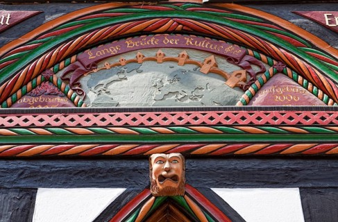Centre for art and culture, Decorations on a half-timbered house, Einbeck, Lower Saxony, Germany,