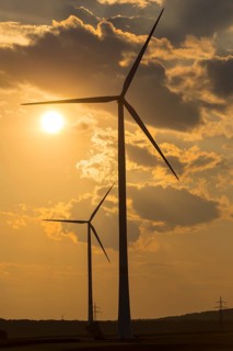 Wind farm, wind turbine, wind turbines, in front of sunset, storm clouds, Swabian Alb,
