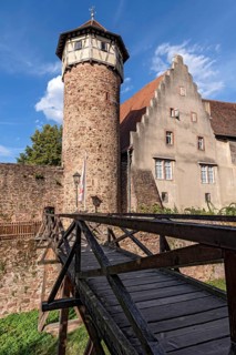 Thieves' tower with wooden bridge over the moat, moat, dungeon and dungeon, prison in the Middle