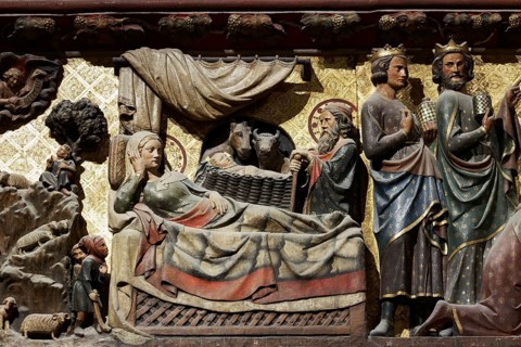 Birth of Jesus in the stable in Bethlehem, carving on the northern choir wall from the 15th