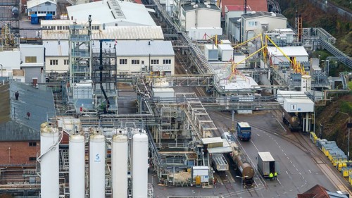 Plant view of the company Solvay Fluor GmbH. The Bad Wimpfen plant of the Belgian chemical company