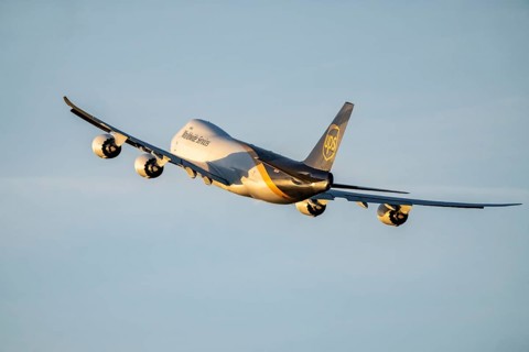 UPS cargo plane, Boeing 747-8F, jumbo jet, taking off from Cologne-Bonn Airport, CGN, North