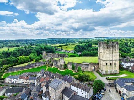 Richmond Castle from a drone, Richmond, Yorkshire Dales, North Yorkshire, England, United Kingdom