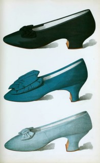 Shoe fashion in 1900, Women's shoes, Deep purple satin shoe with bow, made by Meier of Paris,