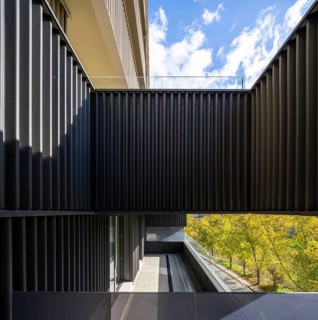 Modern sustainable building showcasing vibrant, colorful portals and low-emission materials. The