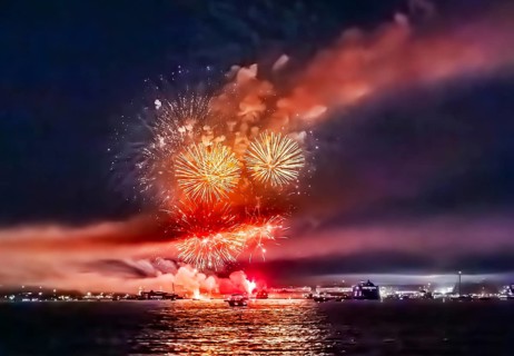 Lake Night Festival Constance. Water fireworks over the German shore and the neighbouring Swiss
