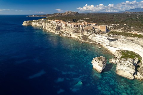 Bonifacio and the cliffs seen from the air, Corsica, France
