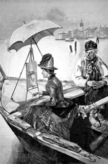 Painter sits in a boat and paints a harbor scene, a fisherman sits next to and critically observes