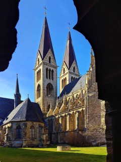 Cathedral of St Stephen and St Sixtus seen through the cloister, Halberstadt, Saxony-Anhalt,