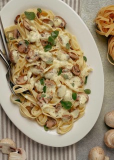 Fettuccine with champignons, basil, in cream sauce, homemade, no people