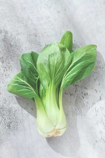 Fresh bok choy, laid out on a light gray surface, top view, natural light
