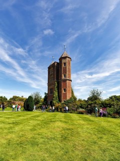 Striking double tower, Sissinghurst Castle and Garden, Cirrus, Cranbrook, Kent, England, Great