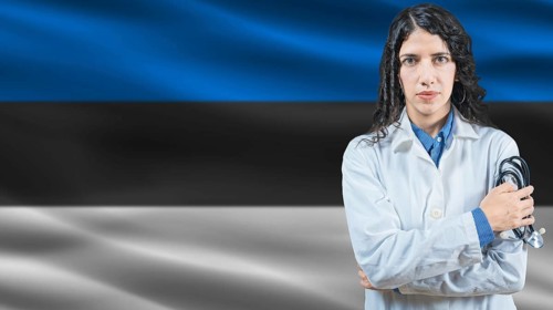 Estonian national health system, Medical professional on Estonia flag background