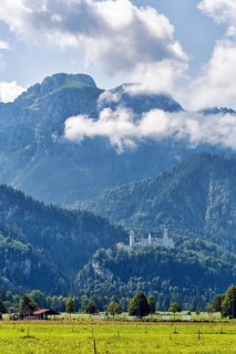 Neuschwanstein Castle in the morning mist, summer, Schwangau, Ostallgäu, Allgäu, Swabia, Upper