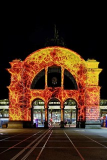 Archway on the station square, light installation at dusk, Lilu, Light Festival 2023, Lucerne,
