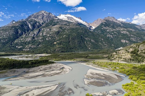 Road Carretera Austral, gravel road along river Rio Baker, south of Cochrane, aerial view,