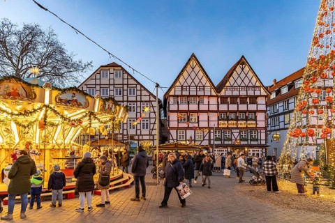 Christmas market and timbering in Soest at dusk, North Rhine-Westphalia, Germany