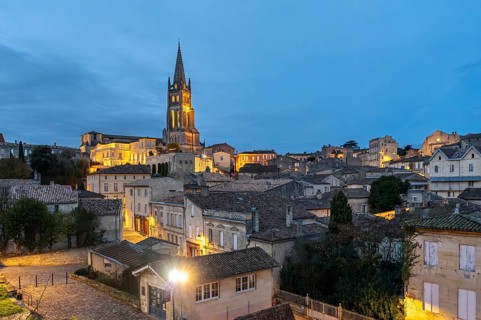 View of old town of Saint-Emilion by night, France