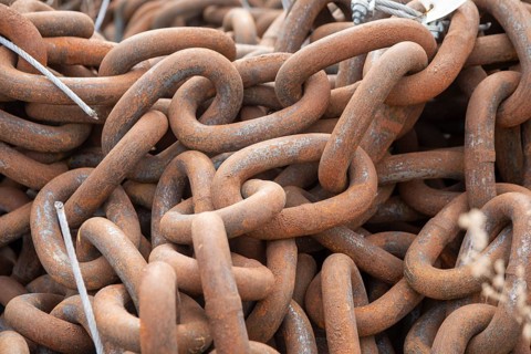Detroit, Michigan - Heavy mooring chain at a U.S. Coast Guard station on the Detroit River, stored
